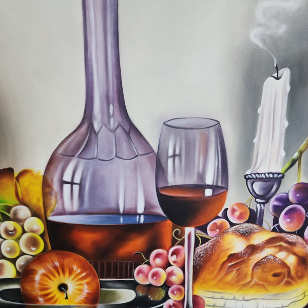 Still Life - Stunning Depiction of Wine and Food, with Intricate Hand Painted Details. Size 100x120cm