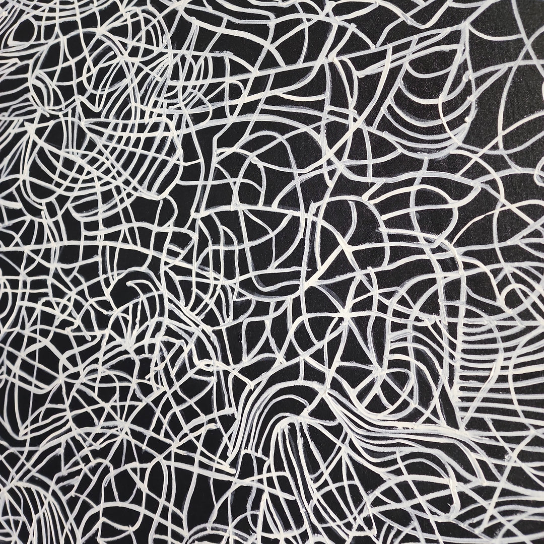 Lines of Trepidation - Striking Modern Abstract Art depicting a Flurry of Painted White Lines on a Black Background, size 100x200cm