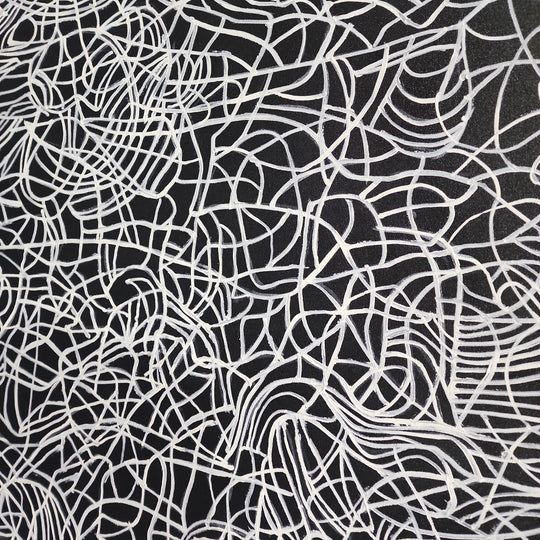 Lines of Trepidation - Striking Modern Abstract Art depicting a Flurry of Painted White Lines on a Black Background, size 100x200cm