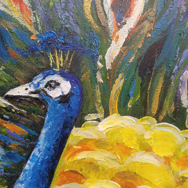 Peacock's Pride - Stunning Depiction of a Peacock displaying its Feathers with Pride, featuring thick Textural Hand Painted Details, Size 100x120cm