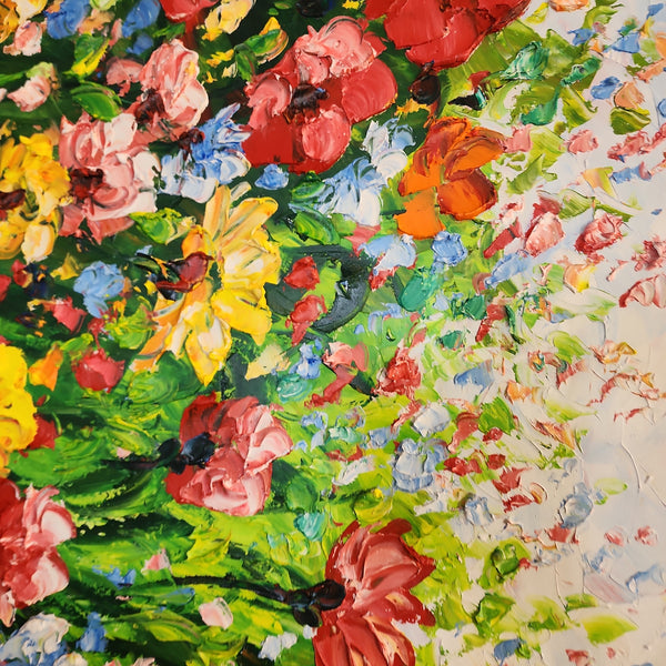 Field of Flowers - Showpiece Painting Depicting a Multitude of Colourful Flowers in a Field of Grass, Featuring Heavy Texture and Vivid Colours Size 100x200cm