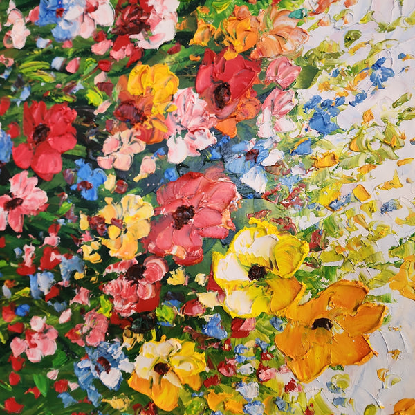 Field of Flowers - Showpiece Painting Depicting a Multitude of Colourful Flowers in a Field of Grass, Featuring Heavy Texture and Vivid Colours Size 100x200cm