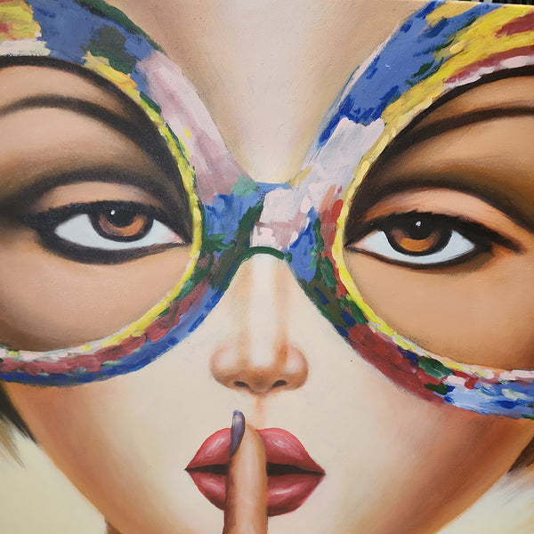 Silent Glance - Quirky Portrait of a Woman with Finger Held to Lips in a Silencing Gesture, Size 100x120cm