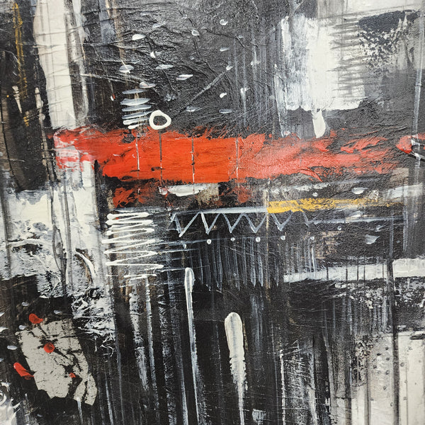 Rhythm's Departure - Striking Black and White Abstract with Red and Silver Accents, Size 100x200cm and finished with a Black Frame