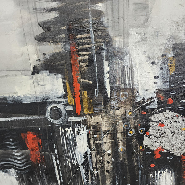 Rhythm's Departure - Striking Black and White Abstract with Red and Silver Accents, Size 100x200cm and finished with a Black Frame