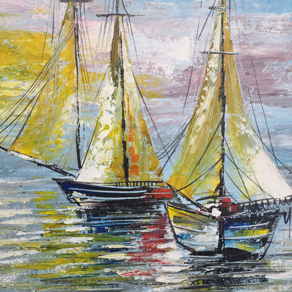 Sails amid Sunset - Beautiful Hand Painted Artwork Featuring Sail Boats at Sea, size 80x170cm