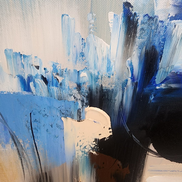 Dynamic Contrast: Black & Blue on Beige - Hand Painted Artwork Size 70x170cm