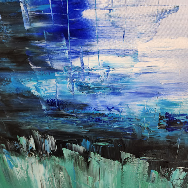 Textured Harmony: Green and Blue Abstraction - Hand Painted Art Size 70x150cm