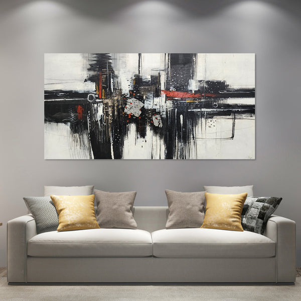 Rhythm's Departure - Striking Black and White Abstract with Red and Silver Accents, Size 100x200cm and finished with a Black Frame