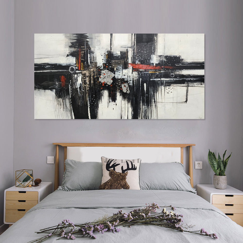 Rhythm's Departure - Striking Black and White Abstract with Red and Silver Accents, Size 100x200cm and finished with a Black Frame