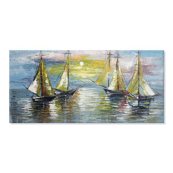 Sails amid Sunset - Beautiful Hand Painted Artwork Featuring Sail Boats at Sea, size 80x170cm