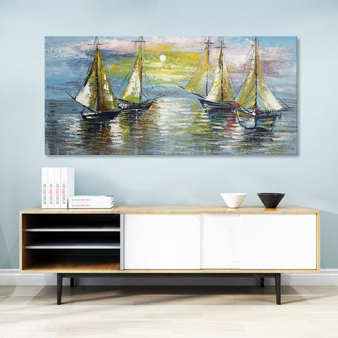 Sails amid Sunset - Beautiful Hand Painted Artwork Featuring Sail Boats at Sea, size 80x170cm