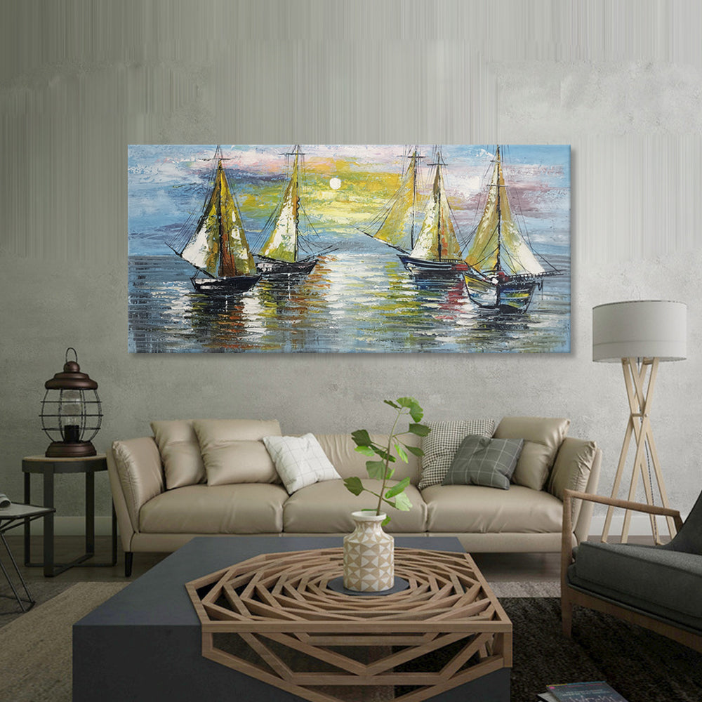 Sails amid Sunset - Beautiful Hand Painted Artwork Featuring Sail Boats at Sea, size 80x170cm