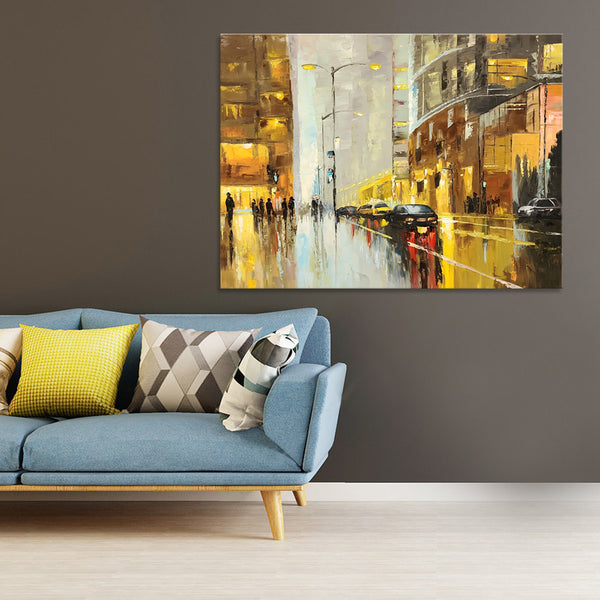 City Streets - Original Hand Painted Art Depicting a busy City Street, Roads Glistening After Rainfall