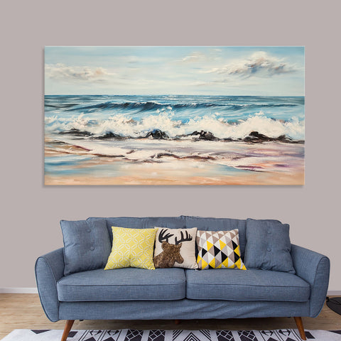 Cool Breeze - Stunning, Textural Depiction of Waves on a Beach featuring Cool, Earthy Tones, Size 80x150cm