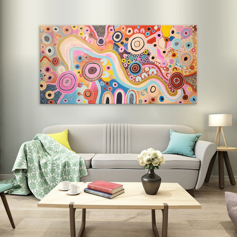 Coloured Whimsy - Bright and Kinetic Modern Dot Painting Artwork, Size 100x200cm