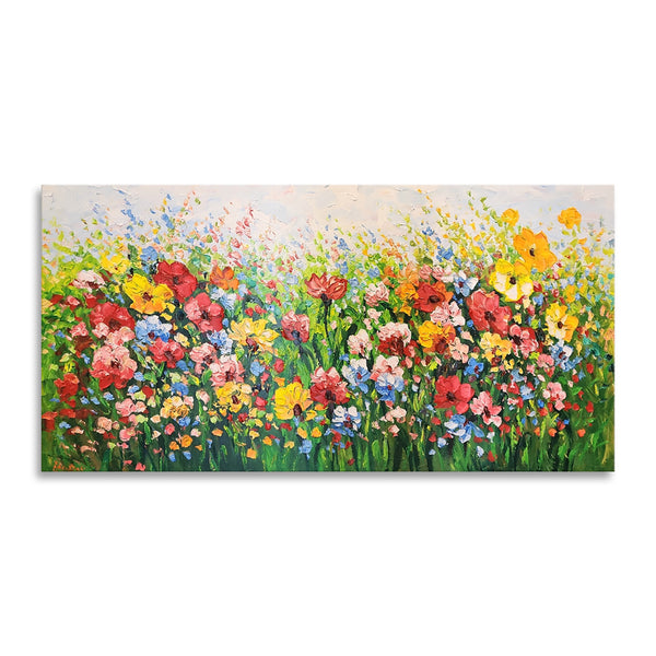 Field of Flowers - Showpiece Painting Depicting a Multitude of Colourful Flowers in a Field of Grass, Featuring Heavy Texture and Vivid Colours Size 100x200cm