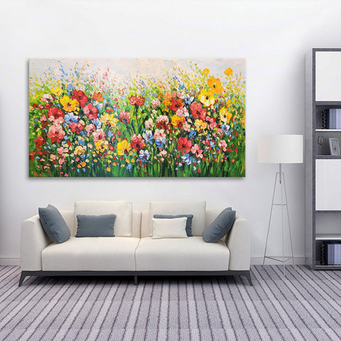 Field of Flowers - Showpiece Painting Depicting a Multitude of Colourful Flowers in a Field of Grass, Featuring Heavy Texture and Vivid Colours Size 100x200cm