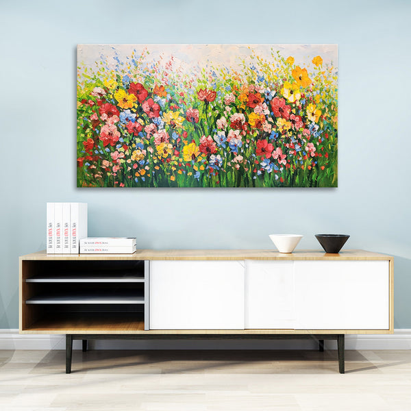 Field of Flowers - Showpiece Painting Depicting a Multitude of Colourful Flowers in a Field of Grass, Featuring Heavy Texture and Vivid Colours Size 100x200cm