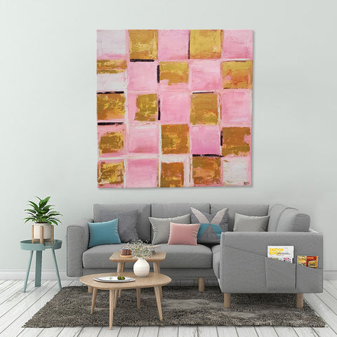 Pink and Gold - Modern Abstract Artwork Featuring Pink and Gold Tones In a Checker Board Composition, size 120x120cm