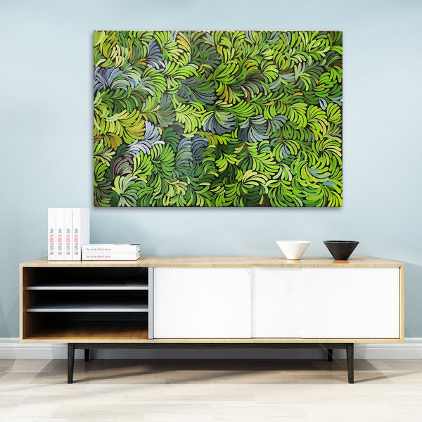 Green Leaves - Meticulously Detailed Artwork Featuring Green Leaves on a Black Background, Size 100x140cm