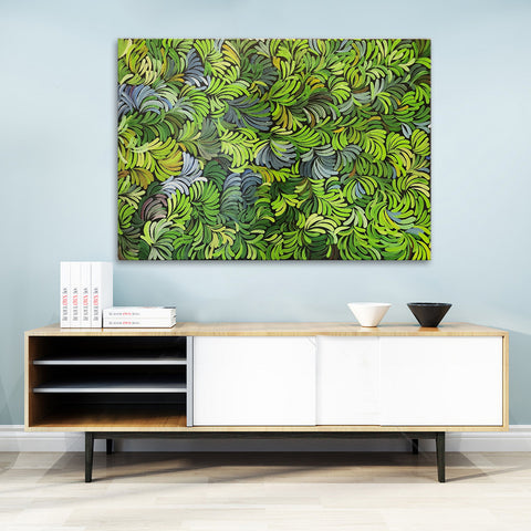 Green Leaves - Meticulously Detailed Artwork Featuring Green Leaves on a Black Background, Size 100x140cm