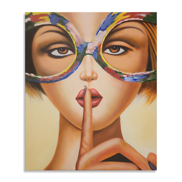 Silent Glance - Quirky Portrait of a Woman with Finger Held to Lips in a Silencing Gesture, Size 100x120cm