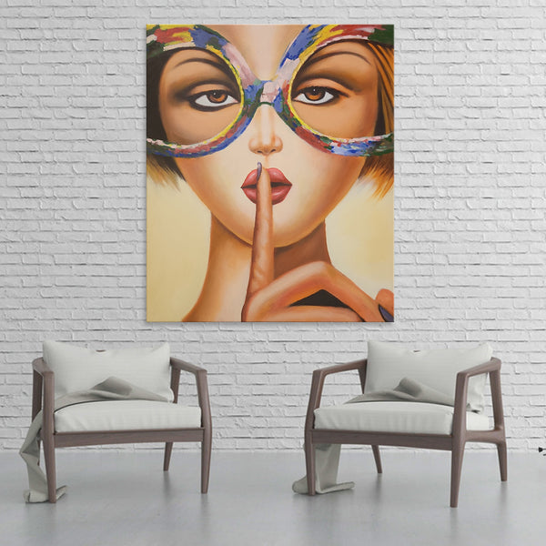 Silent Glance - Quirky Portrait of a Woman with Finger Held to Lips in a Silencing Gesture, Size 100x120cm