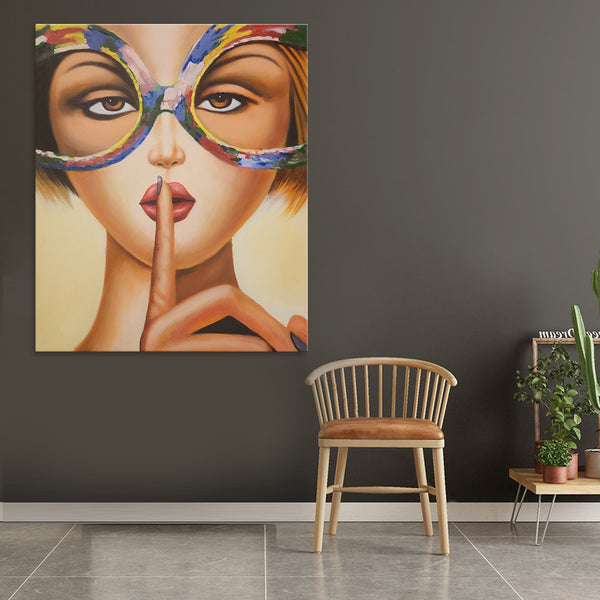 Silent Glance - Quirky Portrait of a Woman with Finger Held to Lips in a Silencing Gesture, Size 100x120cm