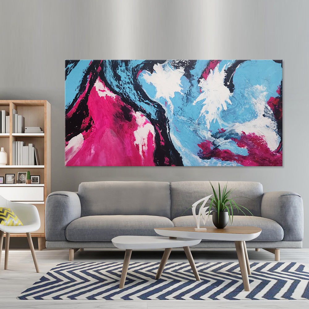 Swiftness of Harmony - Striking Painting Depicting Blue and Purple Tones Merging Amid a Bold Abstract Composition, Size 100x200cm