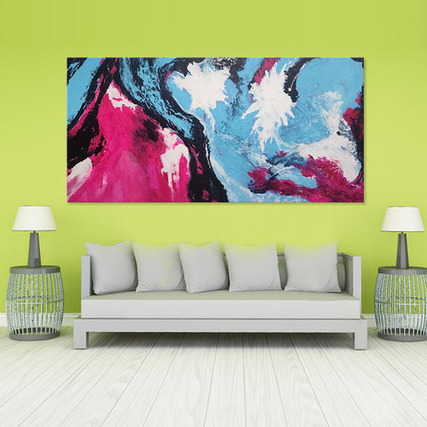 Swiftness of Harmony - Striking Painting Depicting Blue and Purple Tones Merging Amid a Bold Abstract Composition, Size 100x200cm