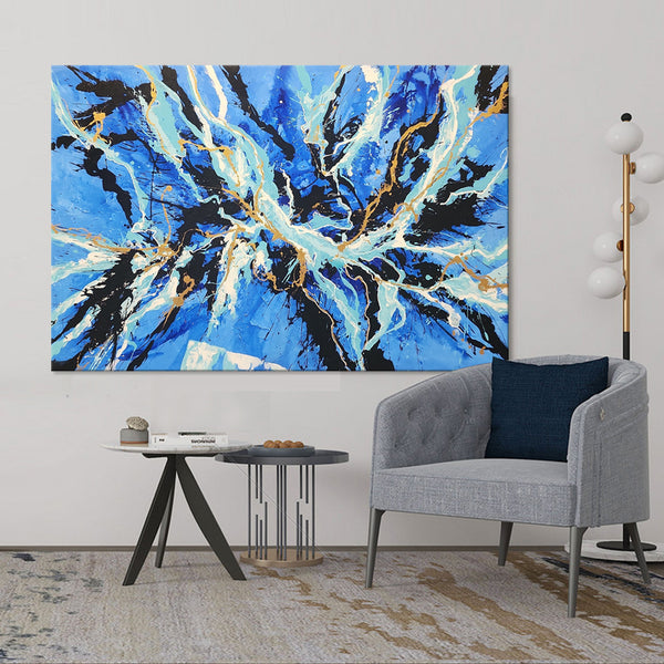 Blue Vigour - Striking Modern Abstract, Large Scale Modern Artwork featuring Blue, black and White Tones, Size 120x180cm