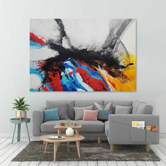 Colour Suppression - Modern Abstract Art Featuring Bold Colours Coalescing Under a Stark Black Forms, Size 100x150cm