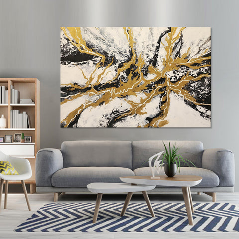 Torrent of Gold - Stunning Modern Abstract Artwork featuring Strokes of Gold and Frenetic Black and White Paint, size 100x150cm