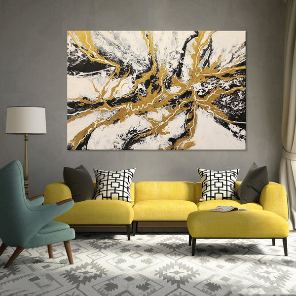 Torrent of Gold - Stunning Modern Abstract Artwork featuring Strokes of Gold and Frenetic Black and White Paint, size 100x150cm