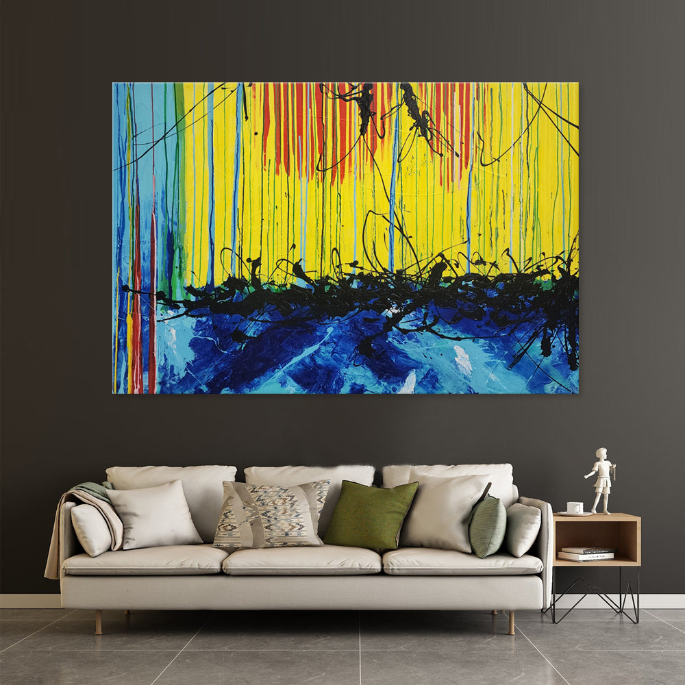 Discharged Flurry - Bold Modern Abstract Featuring Bright Yellow and Blue Tones, and a Vigorous Paint Application, size 100x150cm