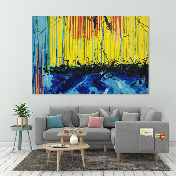 Discharged Flurry - Bold Modern Abstract Featuring Bright Yellow and Blue Tones, and a Vigorous Paint Application, size 100x150cm