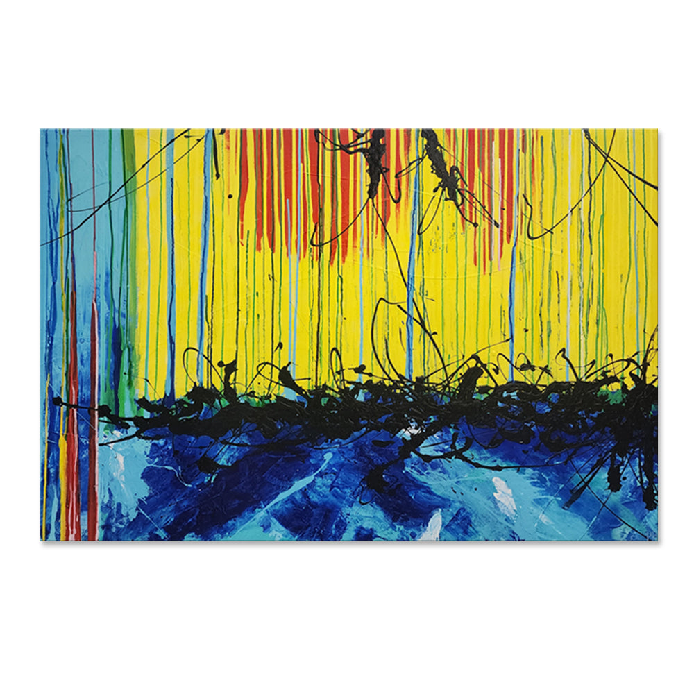 Discharged Flurry - Bold Modern Abstract Featuring Bright Yellow and Blue Tones, and a Vigorous Paint Application, size 100x150cm