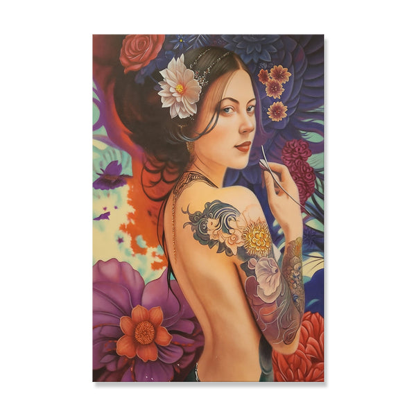 Rebellious Beauty - Exquisitely Painted, Highly Detailed Portrait of a Woman Endowed in Intricate Tattoos and Surrounded by Floral Forms, Size 100x150cm