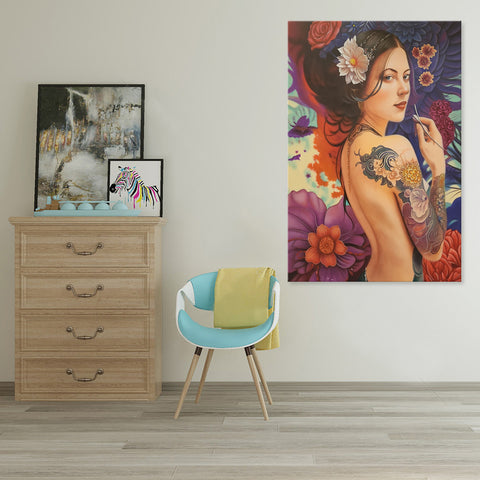 Rebellious Beauty - Exquisitely Painted, Highly Detailed Portrait of a Woman Endowed in Intricate Tattoos and Surrounded by Floral Forms, Size 100x150cm