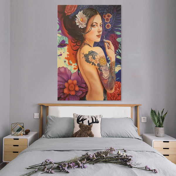 Rebellious Beauty - Exquisitely Painted, Highly Detailed Portrait of a Woman Endowed in Intricate Tattoos and Surrounded by Floral Forms, Size 100x150cm