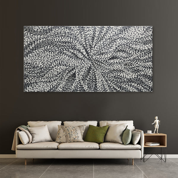 Whispers of White - Stunning Black And White Dot Painting Featuring Swirling Forms, Size 100x200cm