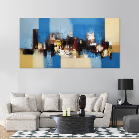 Textured Impasse - Modern Abstract Artwork Featuring Blue and Earthy Tones, Striking Modern Feature Piece, Large Size 100x200cm