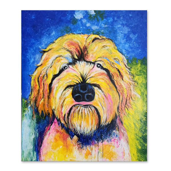 Doggy Stare - Quirky Stylized Portrait of a Dog in a Bold, Colourful, Textural Painterly Style. Size 100x120cm