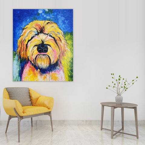 Doggy Stare - Quirky Stylized Portrait of a Dog in a Bold, Colourful, Textural Painterly Style. Size 100x120cm