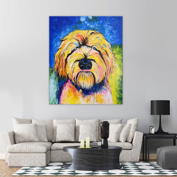 Doggy Stare - Quirky Stylized Portrait of a Dog in a Bold, Colourful, Textural Painterly Style. Size 100x120cm