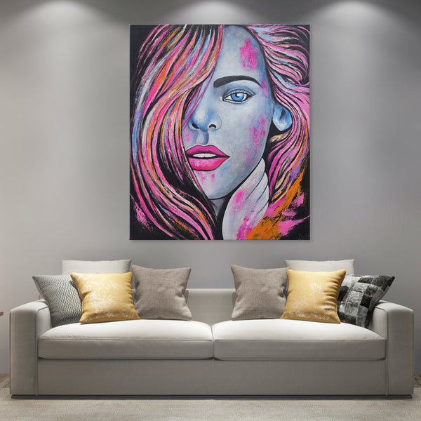 Hot Pink - Beautiful, Stylized Portrait of a Young Woman adorned in Pink Accents, Size 100x120cm