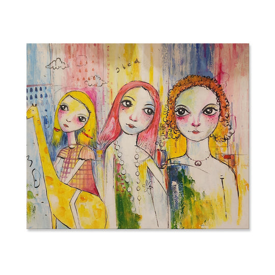 Sister's Arms - Beautiful, Quirky, Stylized Depiction of three Young Sisters, featuring lovely colourful tones. Size 100x120cm