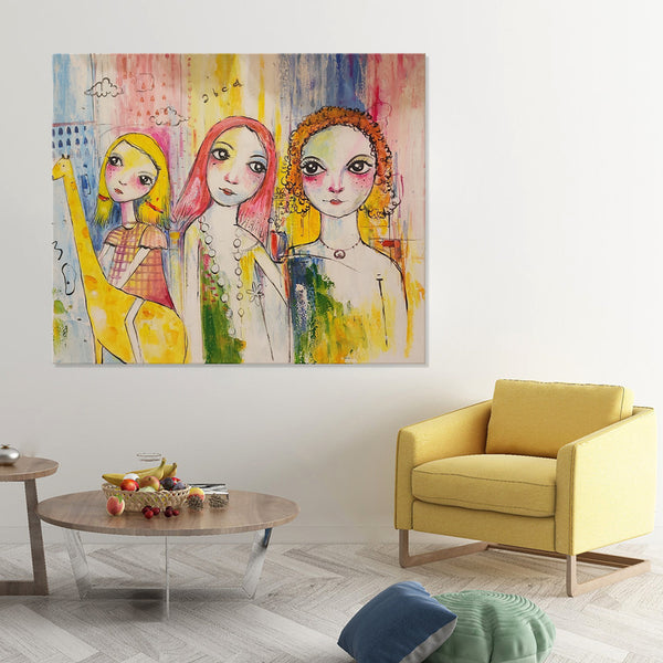 Sister's Arms - Beautiful, Quirky, Stylized Depiction of three Young Sisters, featuring lovely colourful tones. Size 100x120cm