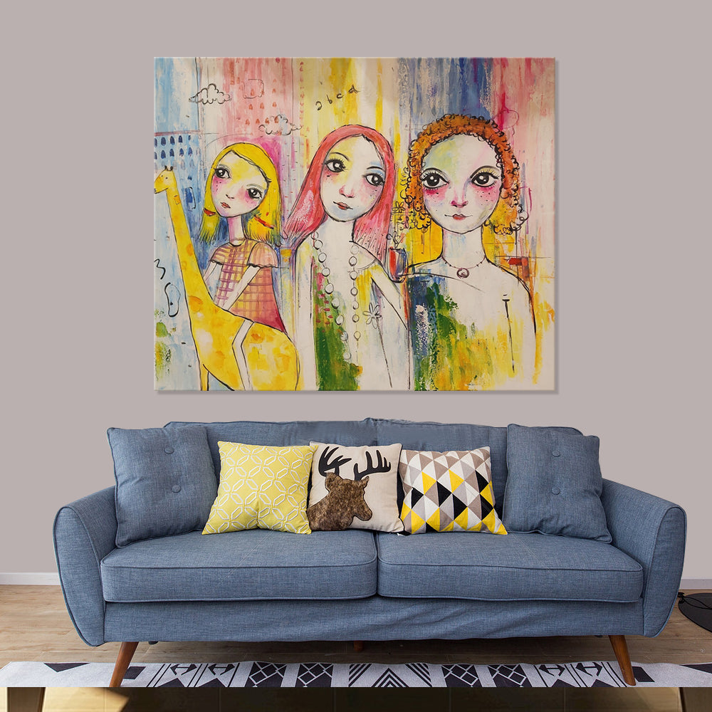 Sister's Arms - Beautiful, Quirky, Stylized Depiction of three Young Sisters, featuring lovely colourful tones. Size 100x120cm